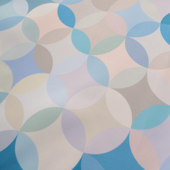 Tkanina tapicerska drukowana plecionka Koła retro turkus