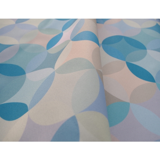 Tkanina tapicerska drukowana plecionka Koła retro turkus