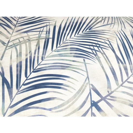 Tkanina tapicerska wzory Welur Liście tropikalne beż niebieskie
