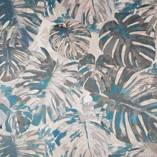 Tkanina tapicerska wzory Welur Liście monstera turkus