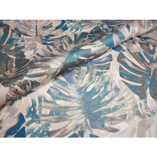 Tkanina tapicerska wzory Welur Liście monstera turkus