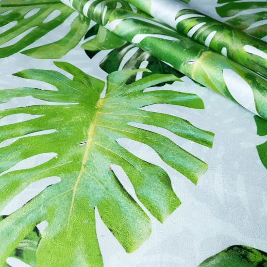 Tkanina tapicerska wzory Welur Liście monstera zielona