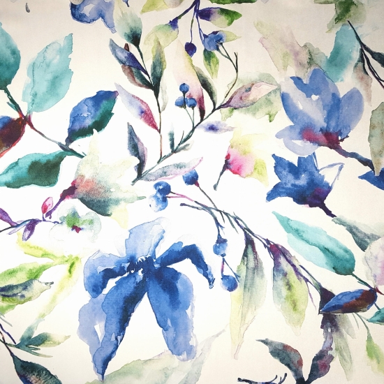 Tkanina tapicerska wzory Welur Kwiaty akwarela niebieskie XL