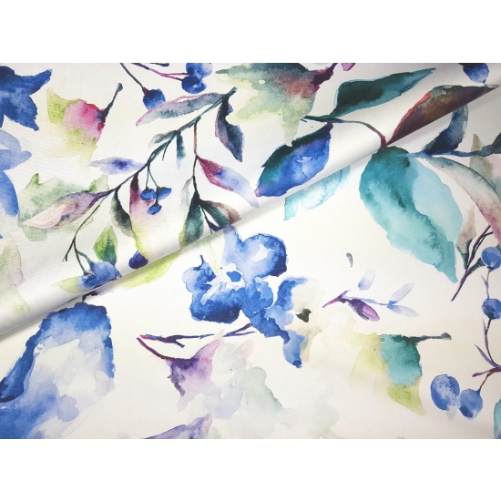 Tkanina tapicerska wzory Welur Kwiaty akwarela niebieskie XL
