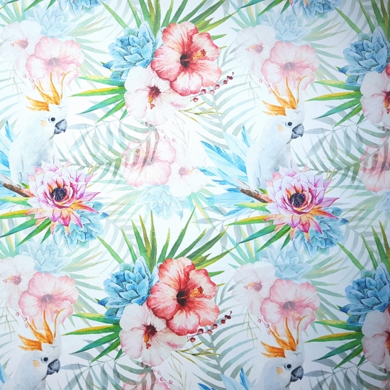 Tkanina tapicerska wzory Welur Hibiskus i papugi