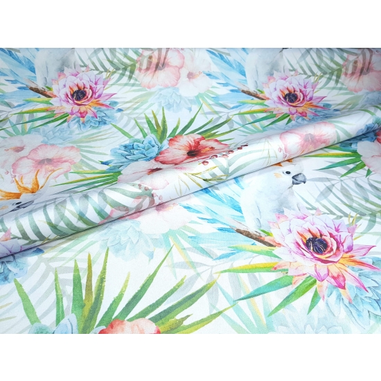 Tkanina tapicerska wzory Welur Hibiskus i papugi