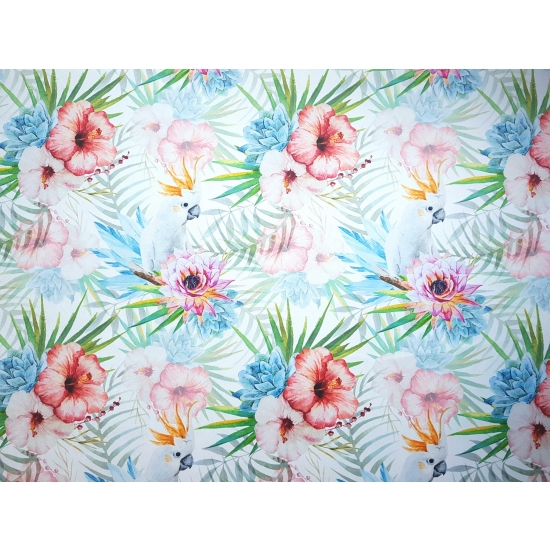Tkanina tapicerska wzory Welur Hibiskus i papugi