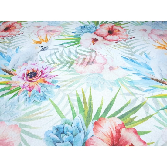 Tkanina tapicerska wzory Welur Hibiskus i papugi