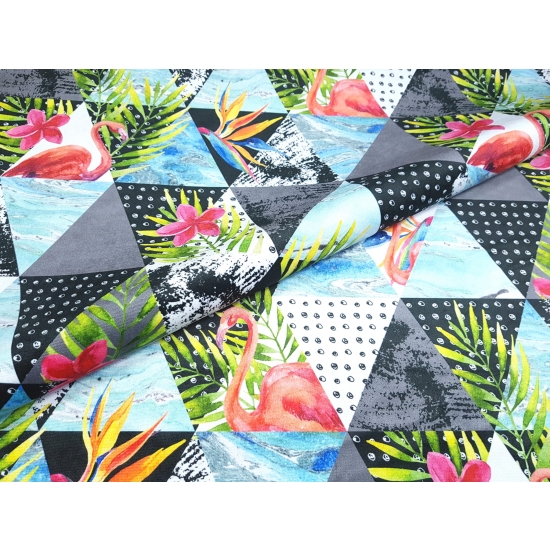 Tkanina tapicerska wzory Welur Trójkąty z flamingami