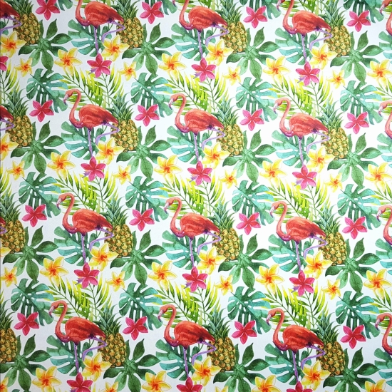 Tkanina tapicerska wzory Welur Różowe flamingi z monsterą