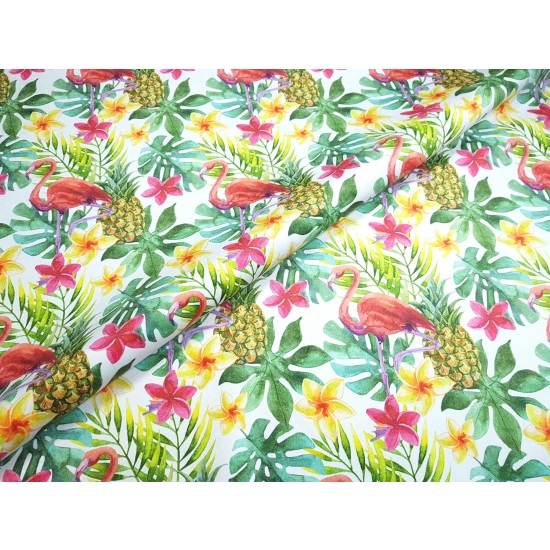 Tkanina tapicerska wzory Welur Różowe flamingi z monsterą