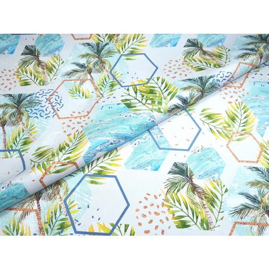 Tkanina tapicerska wzory Welur Heksagony z palmami