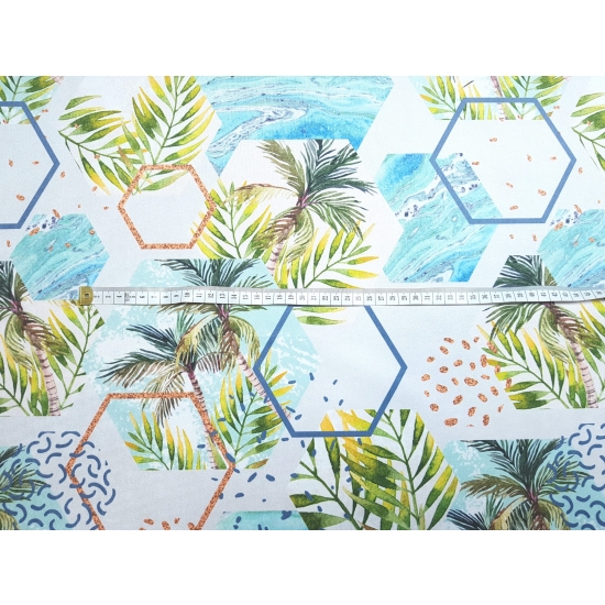 Tkanina tapicerska wzory Welur Heksagony z palmami