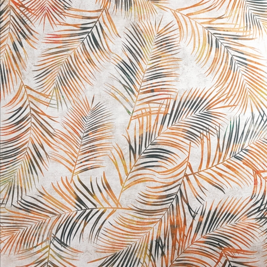 Tkanina tapicerska drukowana plecionka Liście tropikalne złote
