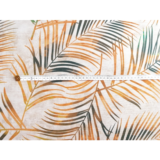 Tkanina tapicerska drukowana plecionka Liście tropikalne złote