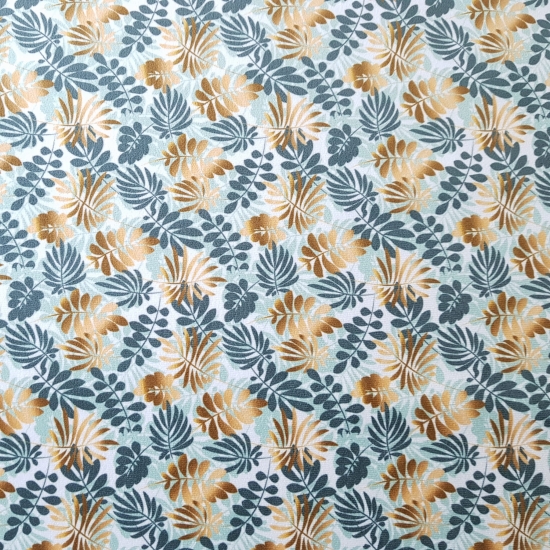 Tkanina tapicerska wzory Welur Liście złote i zielone