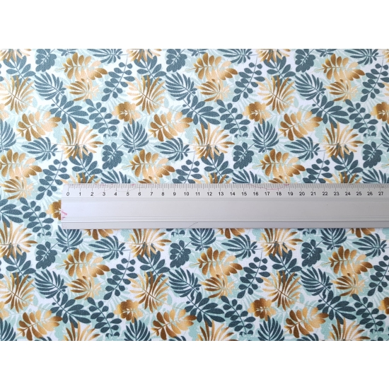 Tkanina tapicerska wzory Welur Liście złote i zielone