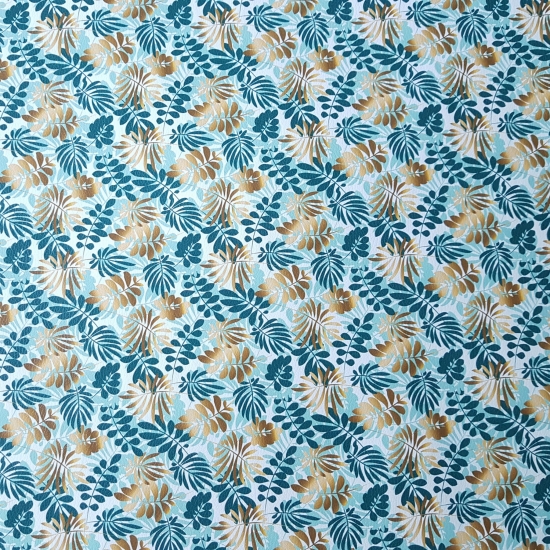 Tkanina tapicerska Ekoskóra drukowana Liście złote i turkusowe