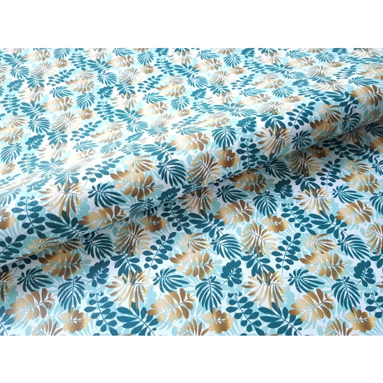 Tkanina tapicerska Ekoskóra drukowana Liście złote i turkusowe