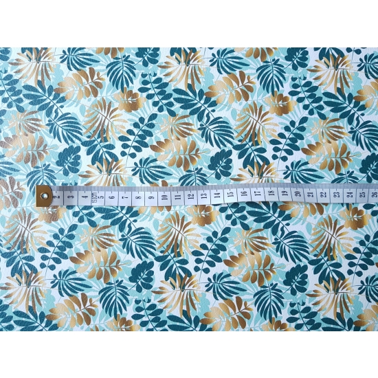 Tkanina tapicerska Ekoskóra drukowana Liście złote i turkusowe
