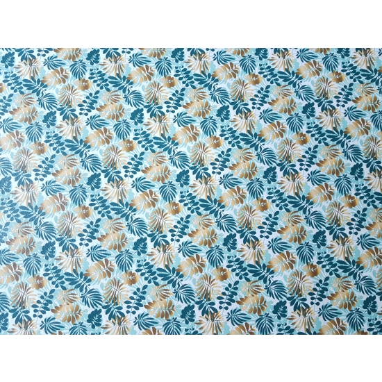 Tkanina tapicerska Ekoskóra drukowana Liście złote i turkusowe
