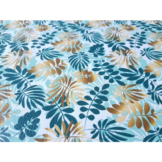 Tkanina tapicerska Ekoskóra drukowana Liście złote i turkusowe