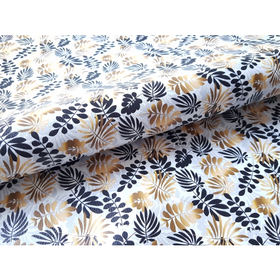 Tkanina tapicerska Ekoskóra drukowana Liście złote i czarne