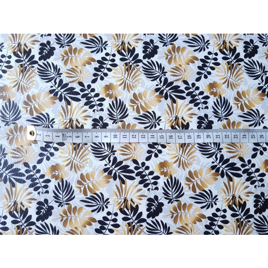 Tkanina tapicerska Ekoskóra drukowana Liście złote i czarne