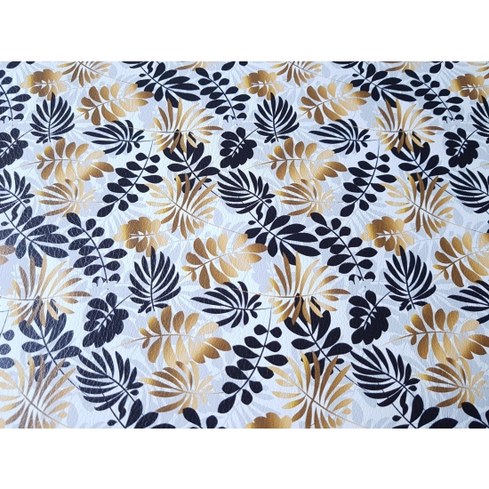 Tkanina tapicerska Ekoskóra drukowana Liście złote i czarne