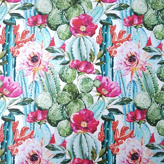 Tkanina tapicerska Ekoskóra drukowana Kwiaty w kaktusach