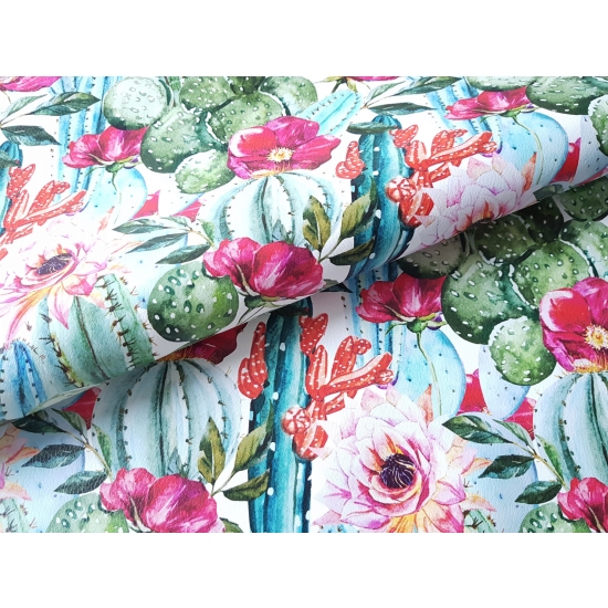 Tkanina tapicerska Ekoskóra drukowana Kwiaty w kaktusach