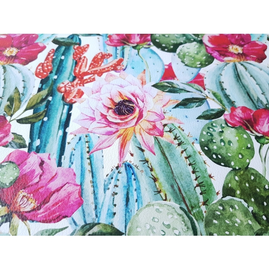 Tkanina tapicerska Ekoskóra drukowana Kwiaty w kaktusach