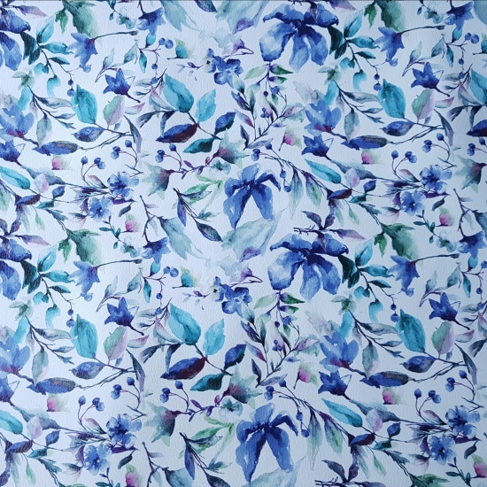 Tkanina tapicerska Ekoskóra drukowana Kwiaty akwarela niebieskie