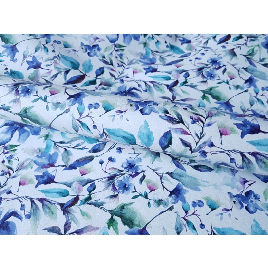 Tkanina tapicerska Ekoskóra drukowana Kwiaty akwarela niebieskie