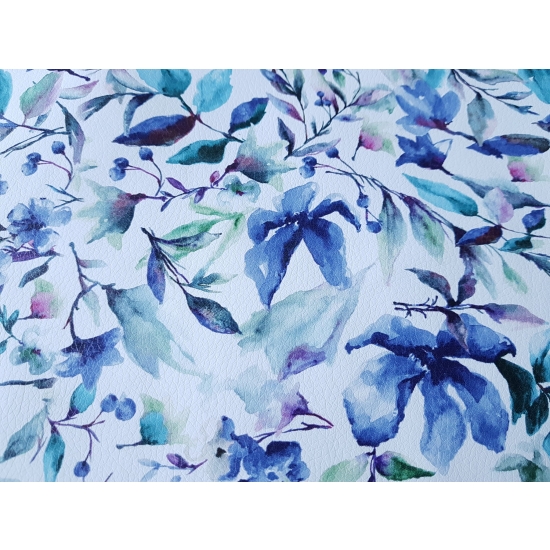 Tkanina tapicerska Ekoskóra drukowana Kwiaty akwarela niebieskie