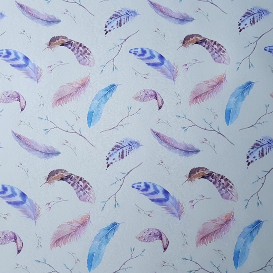 Tkanina tapicerska Ekoskóra drukowana Kolorowe piórka