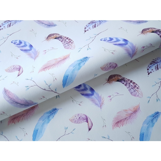 Tkanina tapicerska Ekoskóra drukowana Kolorowe piórka