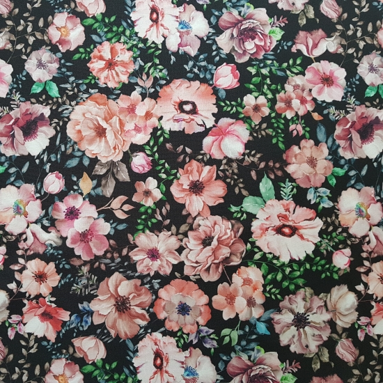 Tkanina tapicerska drukowana plecionka Kwiaty różowe na czarnym tle
