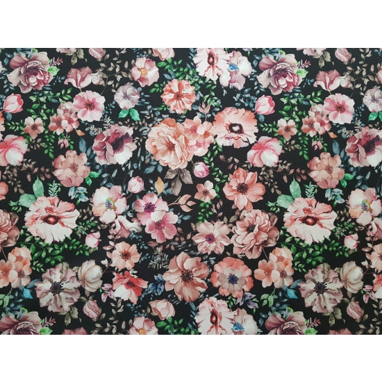 Tkanina tapicerska drukowana plecionka Kwiaty różowe na czarnym tle