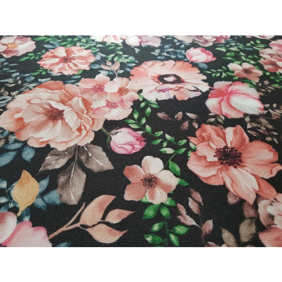 Tkanina tapicerska drukowana plecionka Kwiaty różowe na czarnym tle