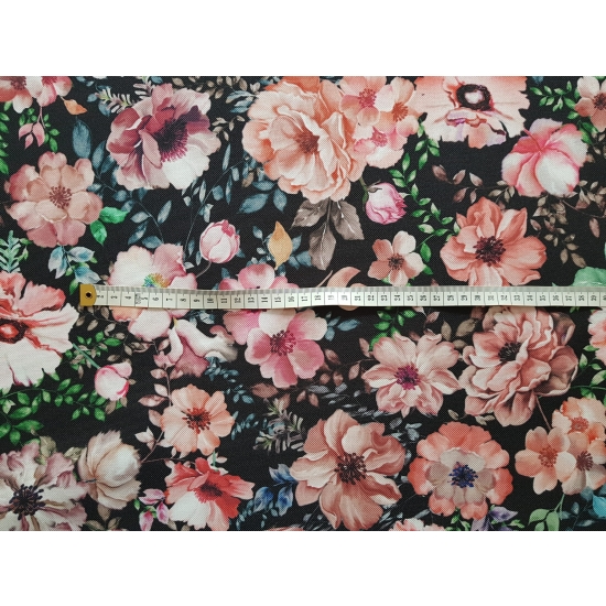 Tkanina tapicerska drukowana plecionka Kwiaty różowe na czarnym tle