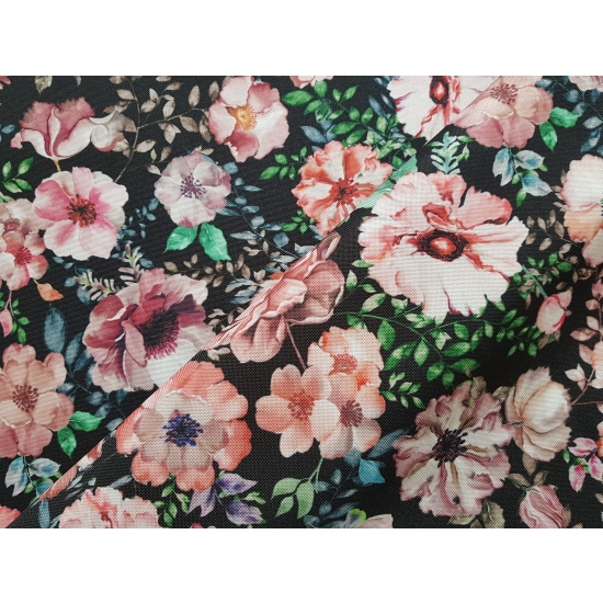 Tkanina tapicerska drukowana plecionka Kwiaty różowe na czarnym tle