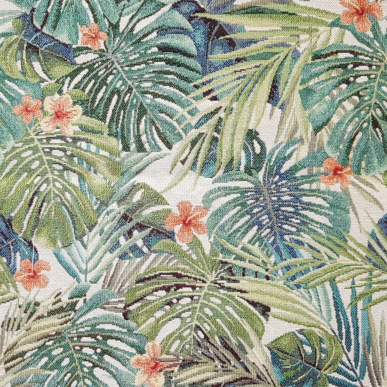 Tkanina tapicerska wzorzysta żakard Liście tropikalne monstera na beżowym