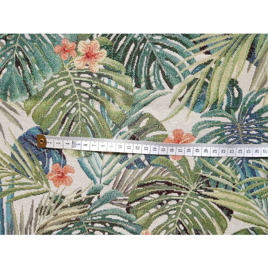 Tkanina tapicerska wzorzysta żakard Liście tropikalne monstera na beżowym