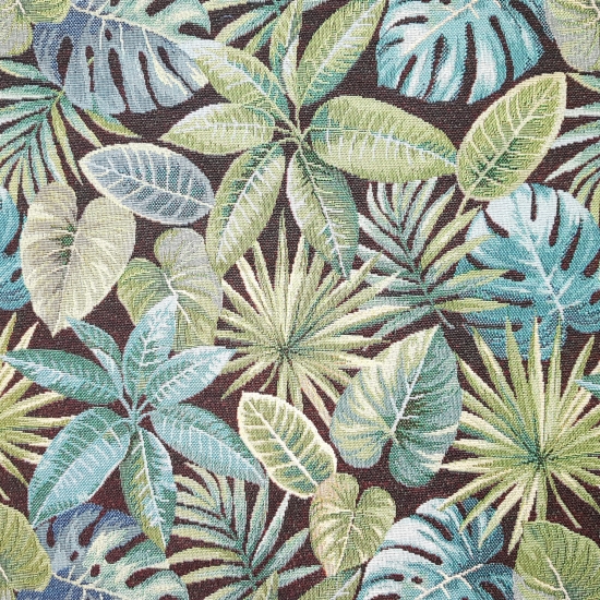 Tkanina tapicerska wzorzysta żakard Liście tropikalne monstera na czarnym