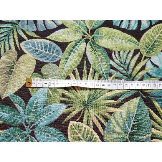 Tkanina tapicerska wzorzysta żakard Liście tropikalne monstera na czarnym