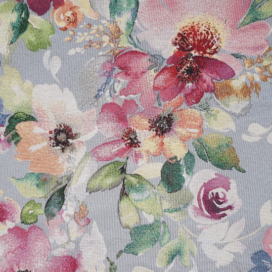 Tkanina tapicerska wzorzysta żakard Kwiaty na szarym tle