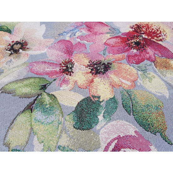 Tkanina tapicerska wzorzysta żakard Kwiaty na szarym tle