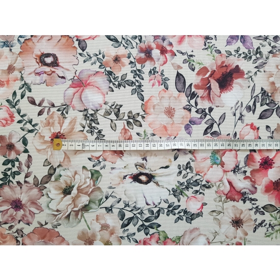 Tkanina tapicerska drukowana plecionka Kwiaty różowe na beżowym tle