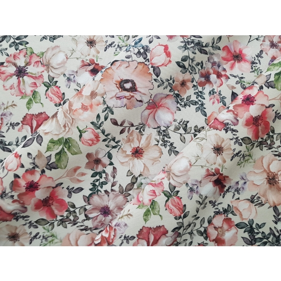 Tkanina tapicerska drukowana plecionka Kwiaty różowe na beżowym tle